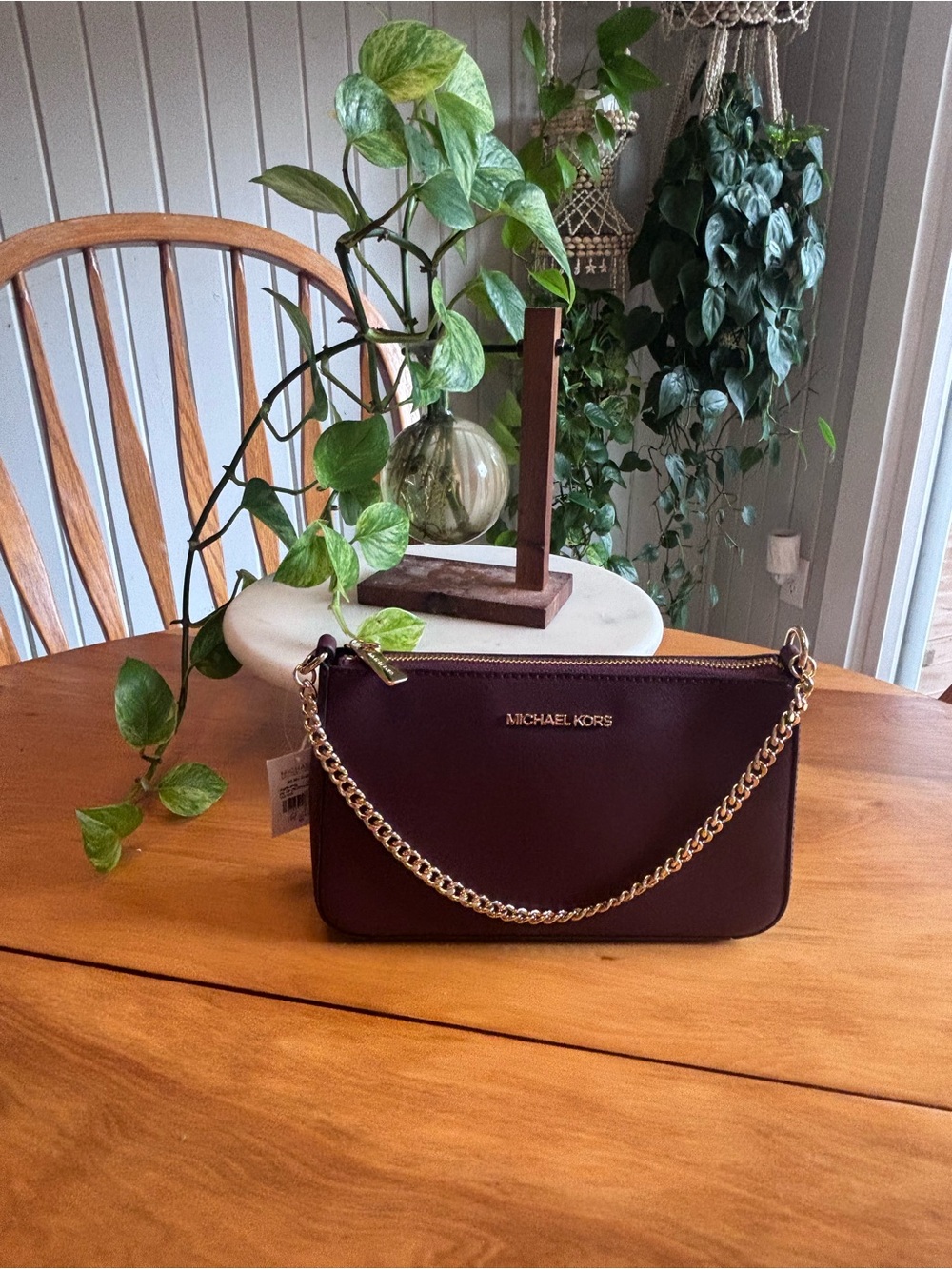 Michael Kors Jet Set Saffiano Genuine Leather Burgundy Chain-Handle Bag